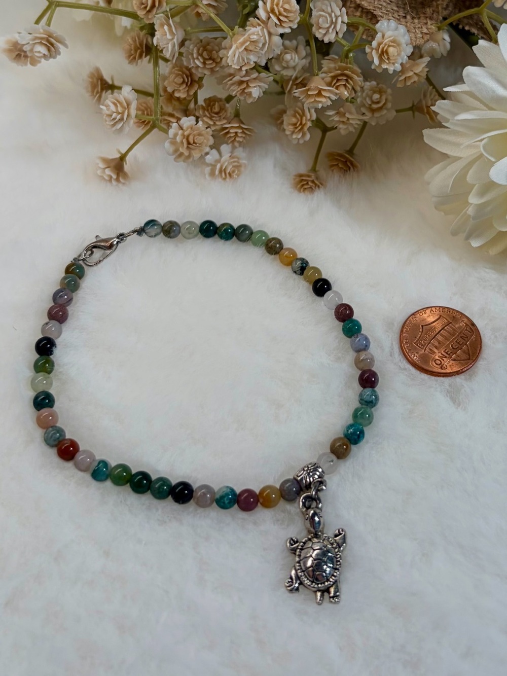 Indian Agate Anklet with Turtle Charm